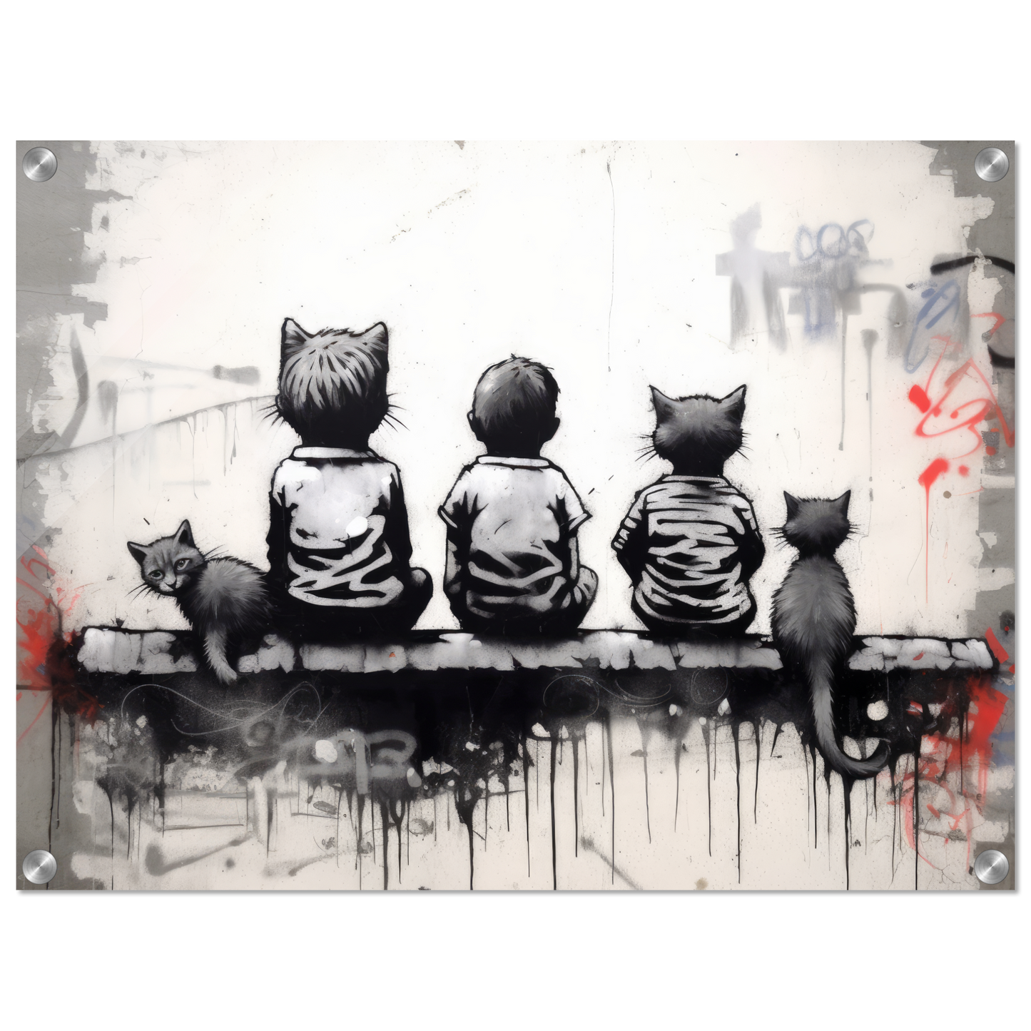 Katzen Kinder auf Mauer - Banksy Street-Art Style (STREET08)