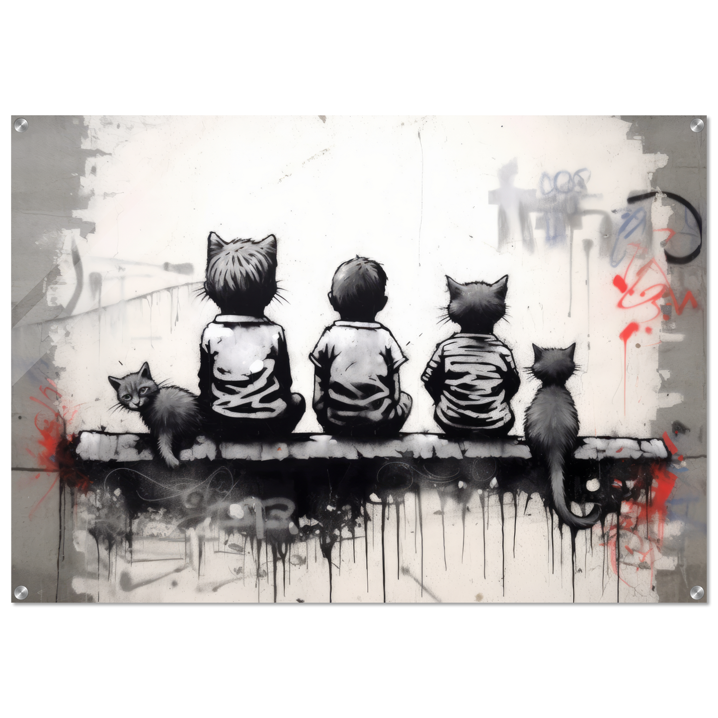 Katzen Kinder auf Mauer - Banksy Street-Art Style (STREET08)