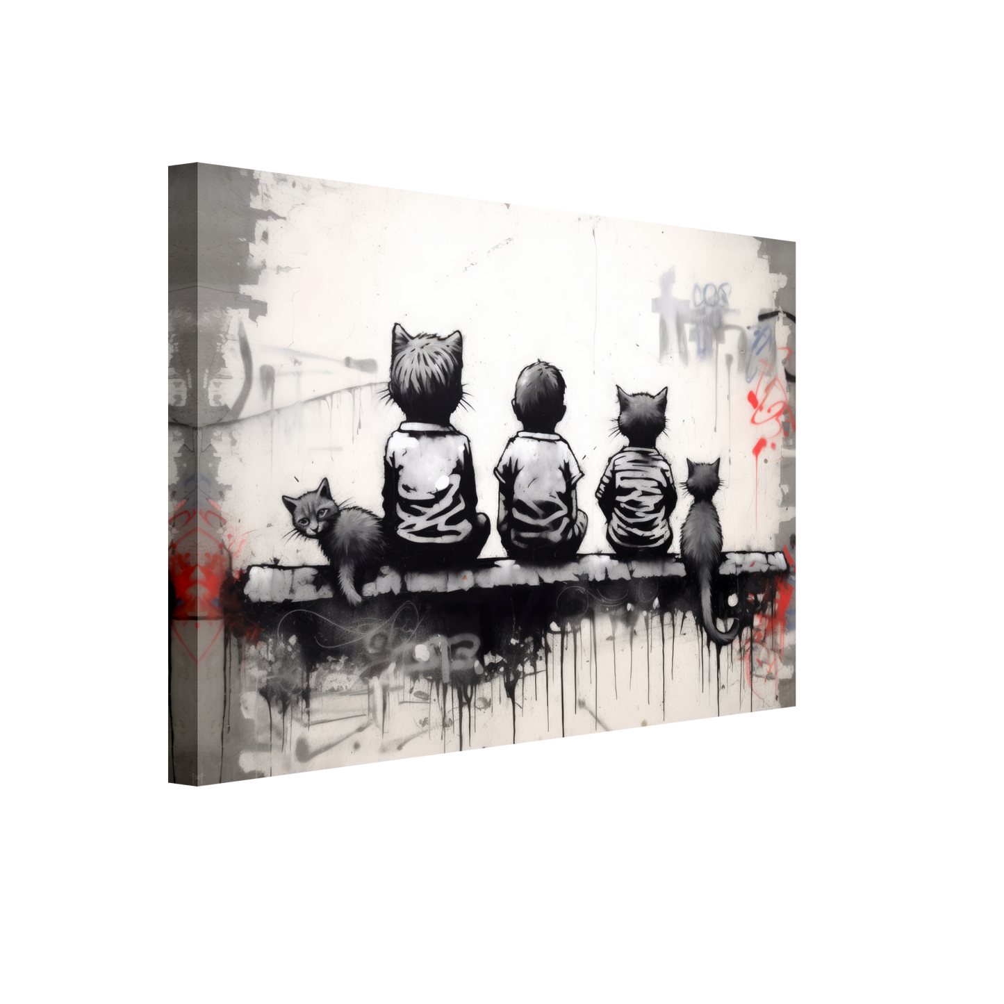 Katzen Kinder auf Mauer - Banksy Street-Art Style (STREET08)