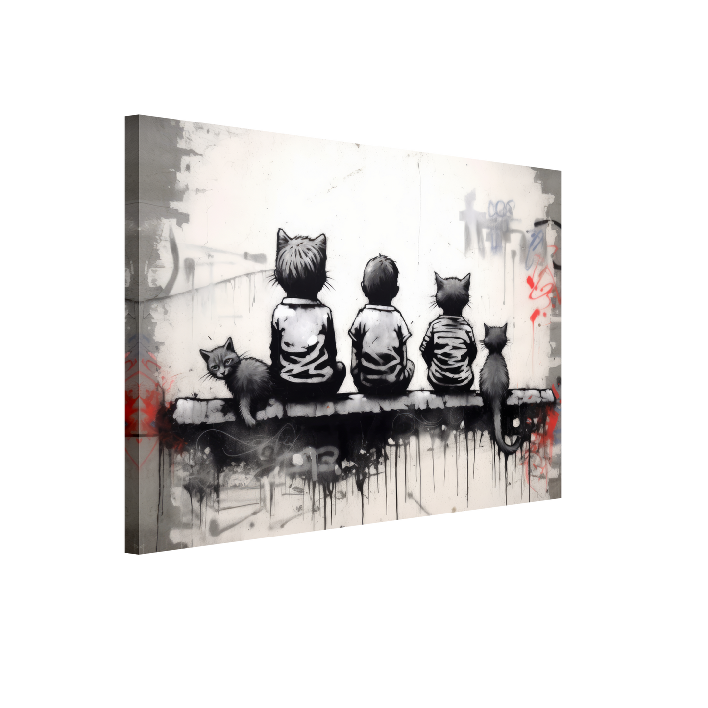 Katzen Kinder auf Mauer - Banksy Street-Art Style (STREET08)