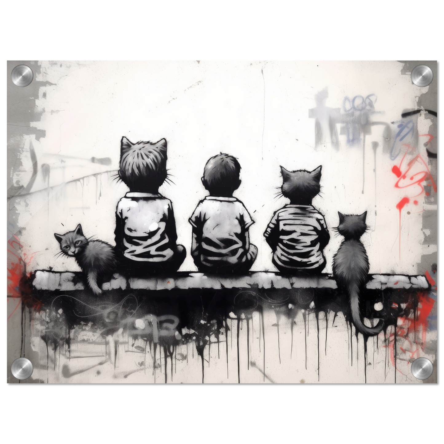 Katzen Kinder auf Mauer - Banksy Street-Art Style (STREET08)