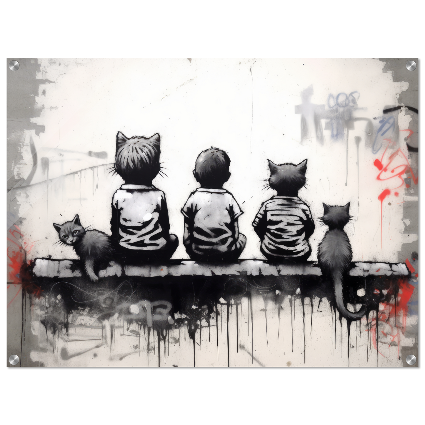 Katzen Kinder auf Mauer - Banksy Street-Art Style (STREET08)