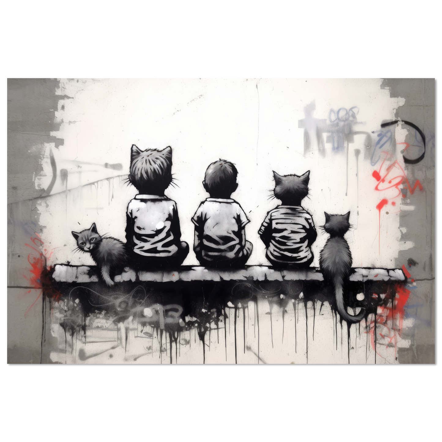 Katzen Kinder auf Mauer - Banksy Street-Art Style (STREET08)