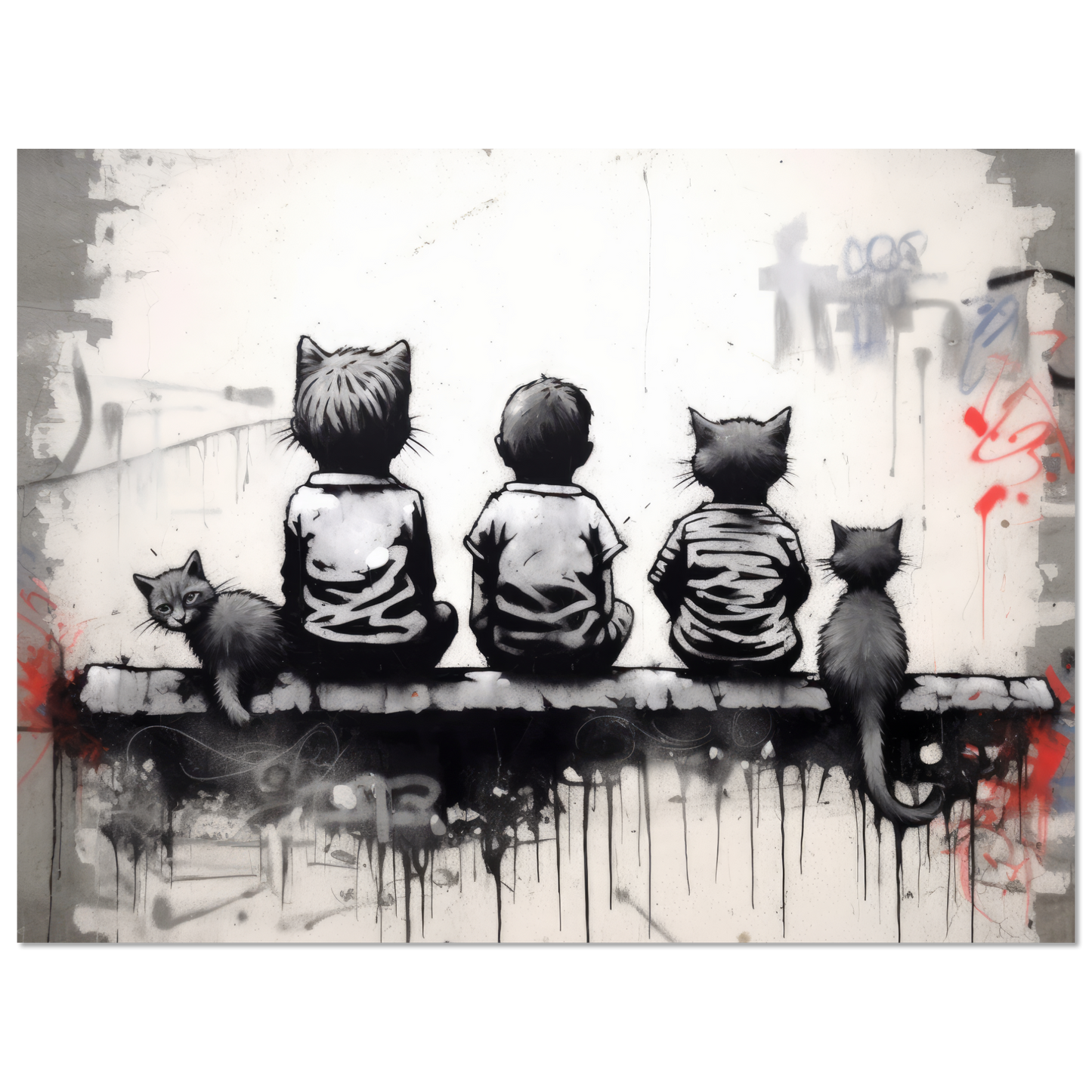 Katzen Kinder auf Mauer - Banksy Street-Art Style (STREET08)