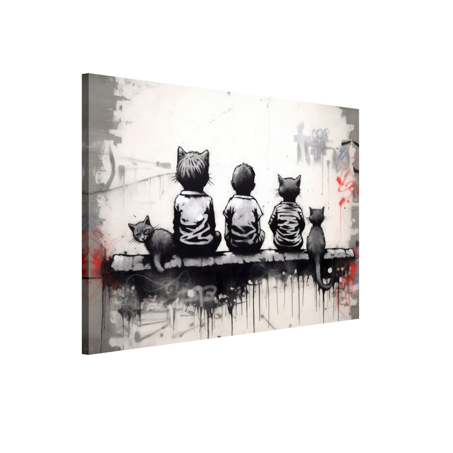 Katzen Kinder auf Mauer - Banksy Street-Art Style (STREET08)