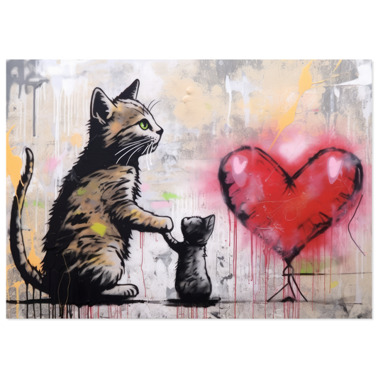 Cat mom with child and heart - Banksy street art style (STREET09)