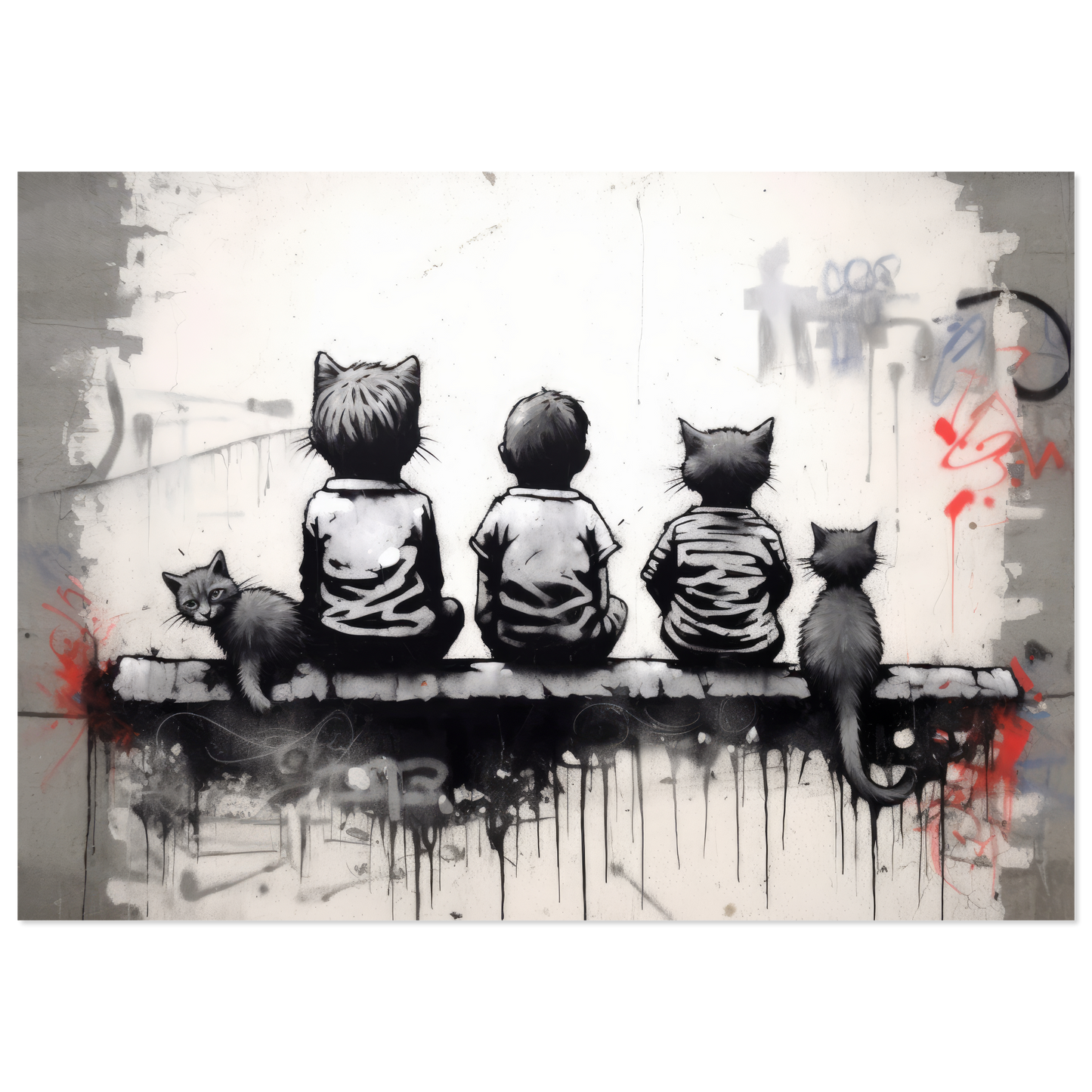 Katzen Kinder auf Mauer - Banksy Street-Art Style (STREET08)