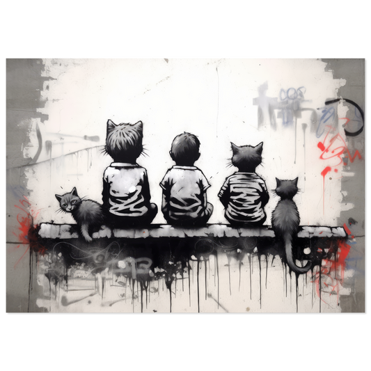 Katzen Kinder auf Mauer - Banksy Street-Art Style (STREET08)