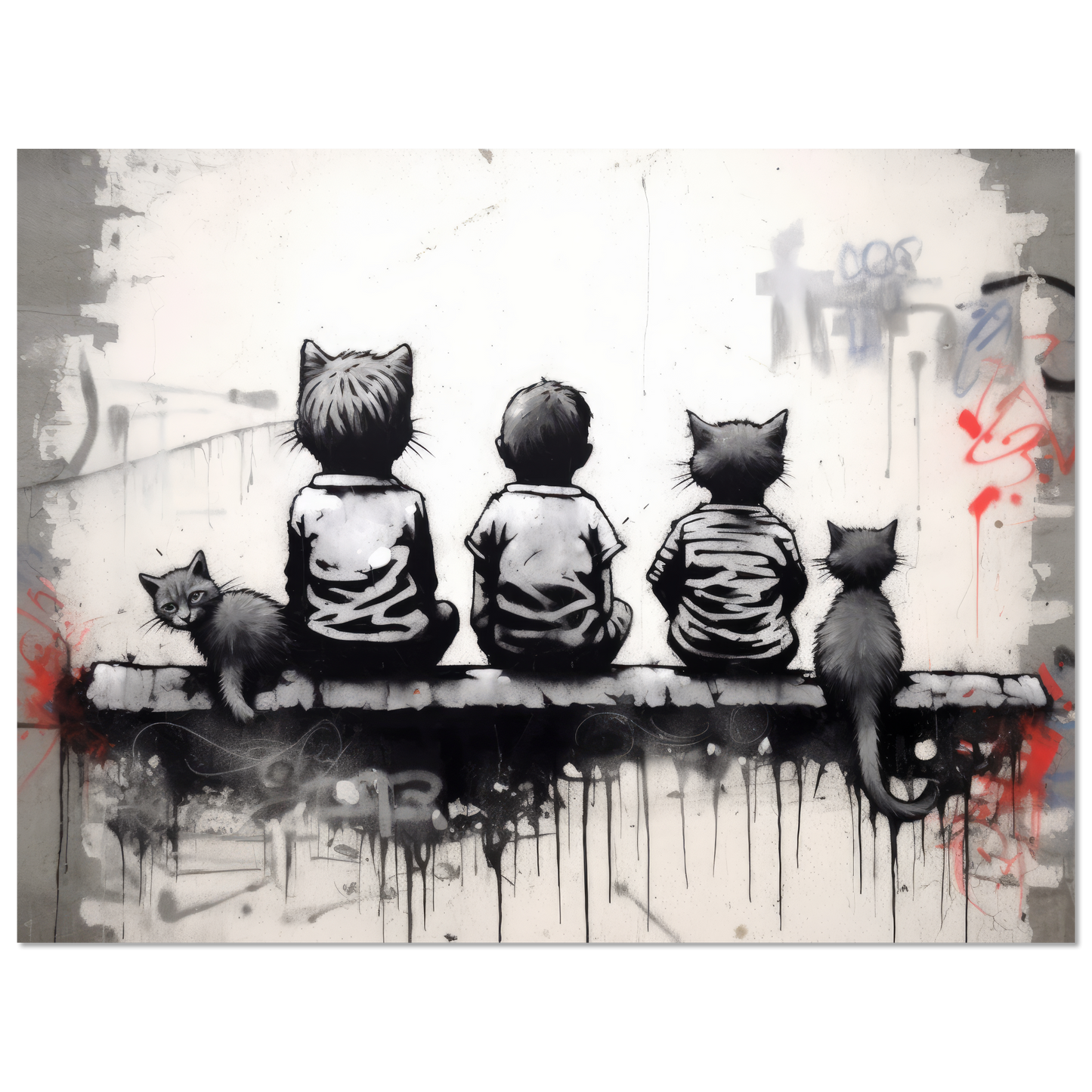 Katzen Kinder auf Mauer - Banksy Street-Art Style (STREET08)