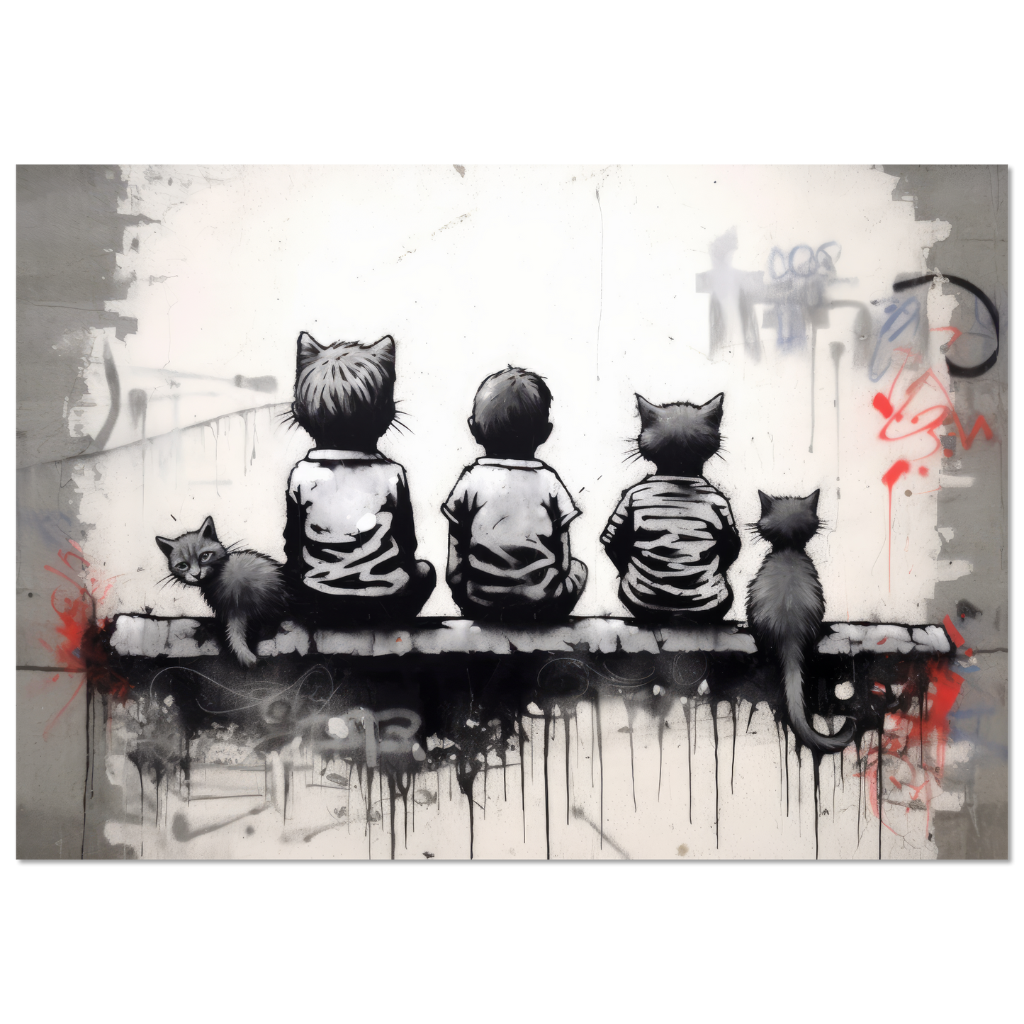 Katzen Kinder auf Mauer - Banksy Street-Art Style (STREET08)